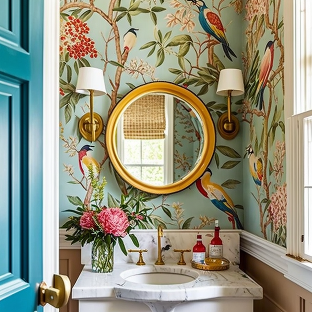 Image of small bathroom with blue and green wallpaper pattern of tropical birds