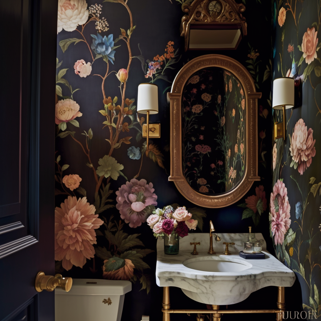 Image of small powder room with dark floral wallpaper