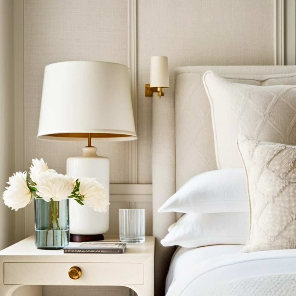 Image of white and neutral bedroom with linen white wall coverings