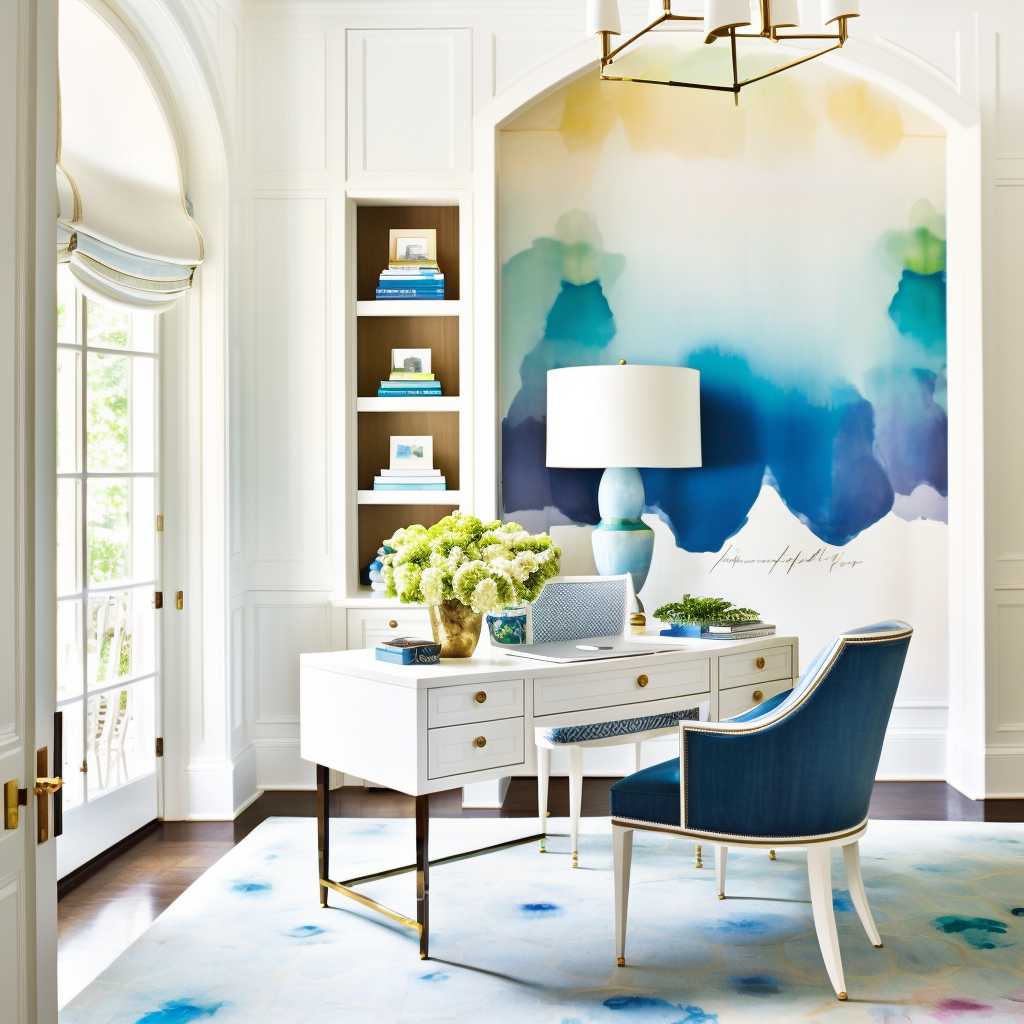 Image of home office with bright abstract watercolor wallpaper alcove