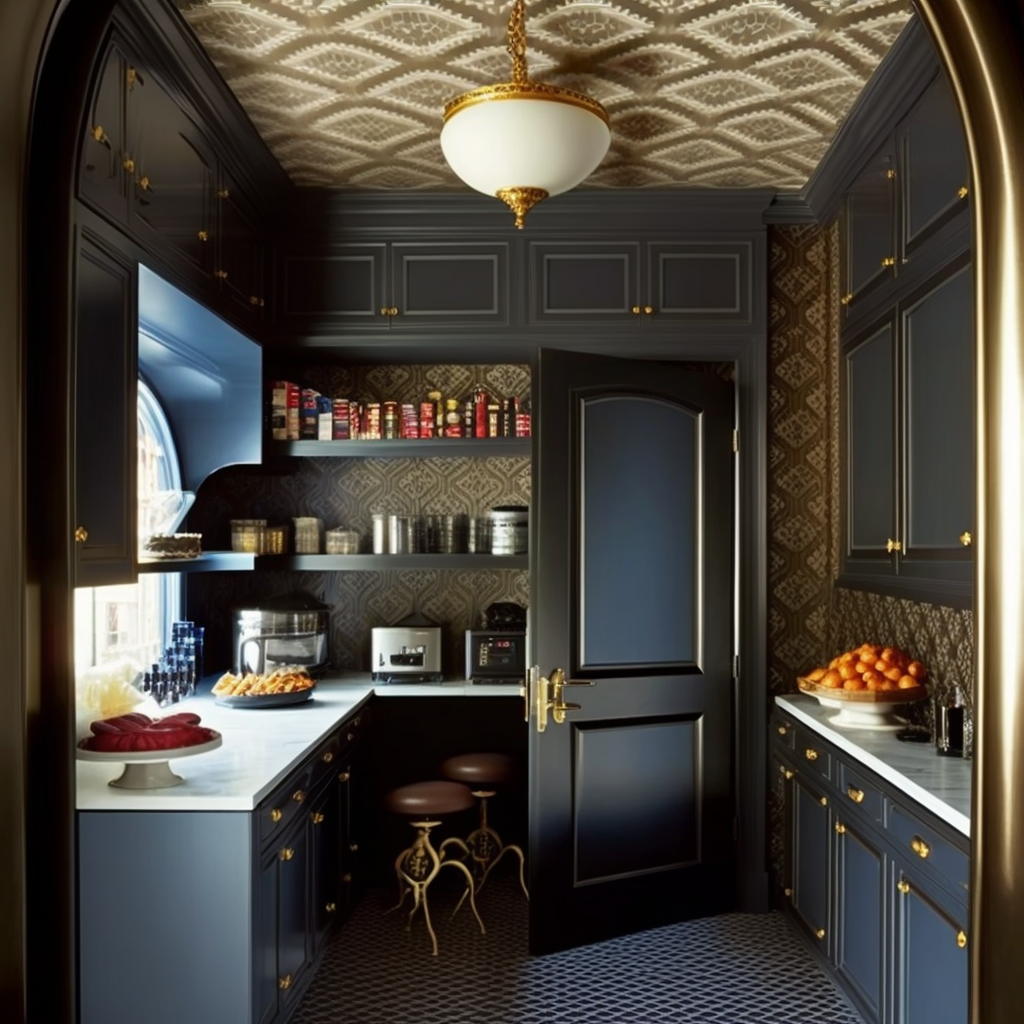Image of blue and gold pantry with wallpaper on ceiling