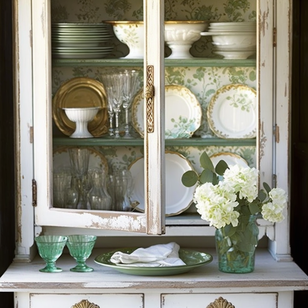 Image of Shabby Chic cabinet with bohemian green floral wallpaper