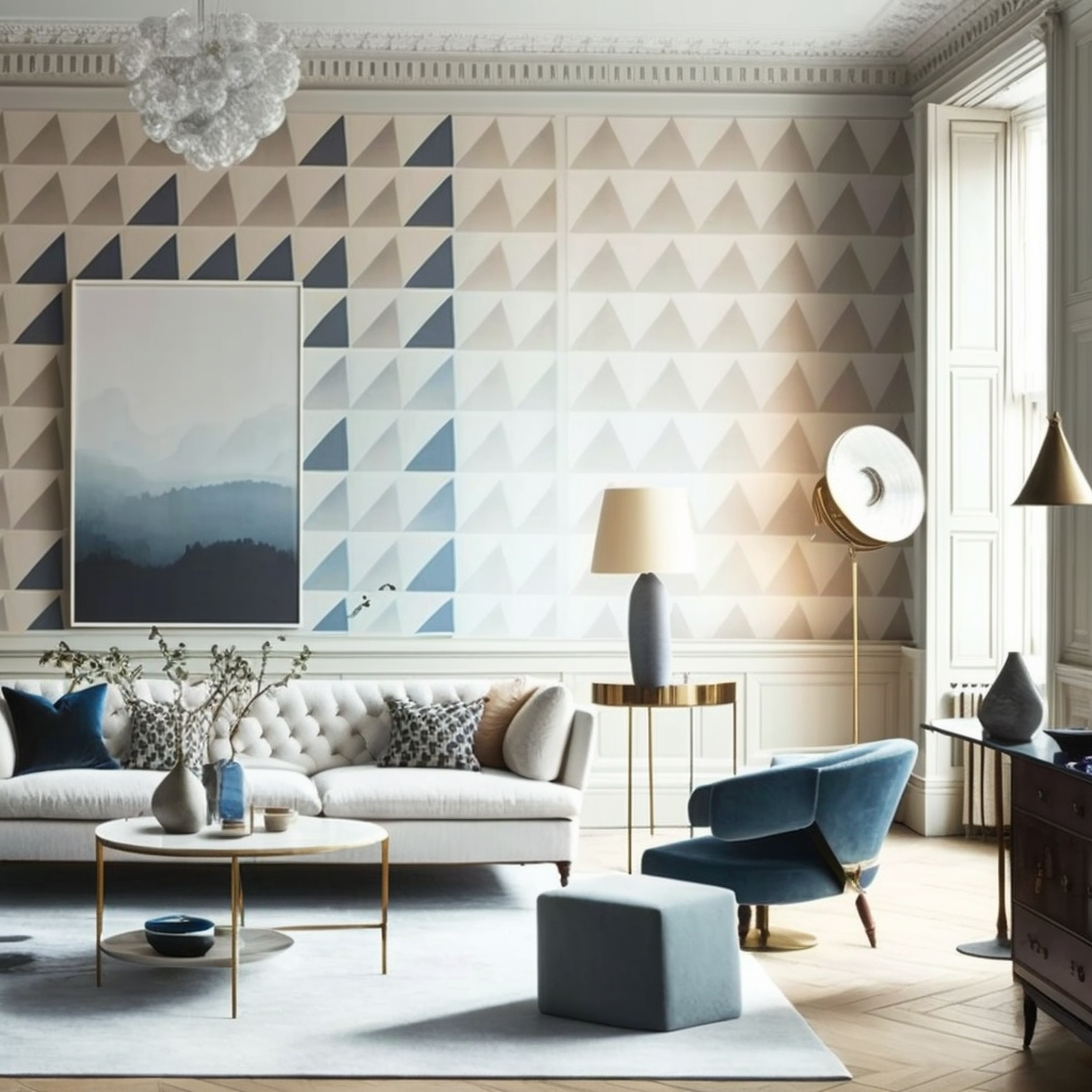 Image of bright living room with neutral and blue geometric wallpaper