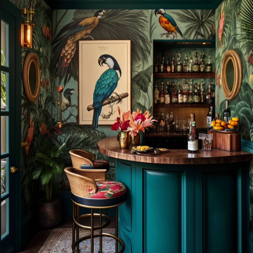 Image of trendy home bar area with tiki green and tropical wallpaper