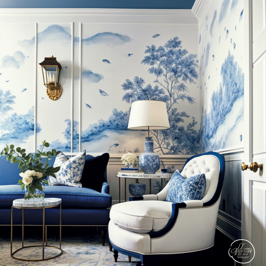 Image of blue and white chinoiserie wallpaper in stylish apartment
