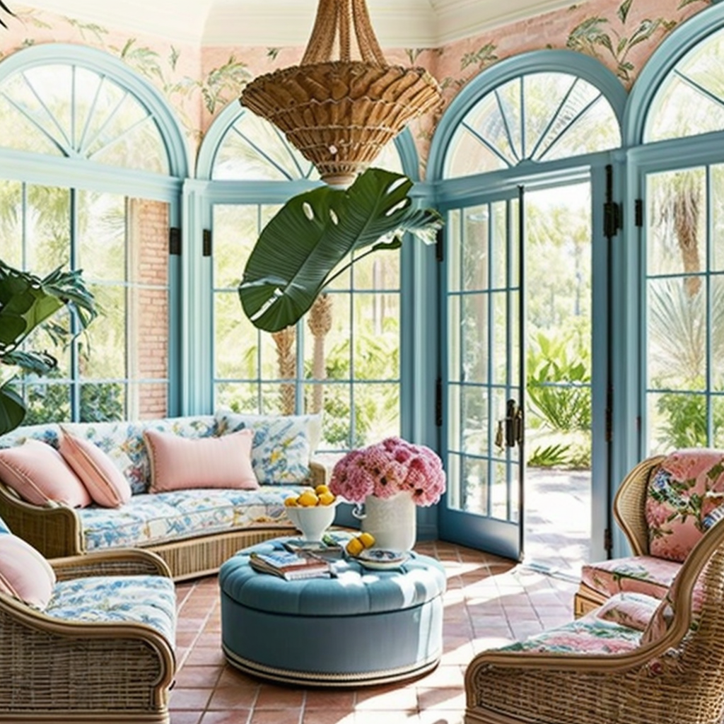 Image of bright sunroom with tropical print wallpaper