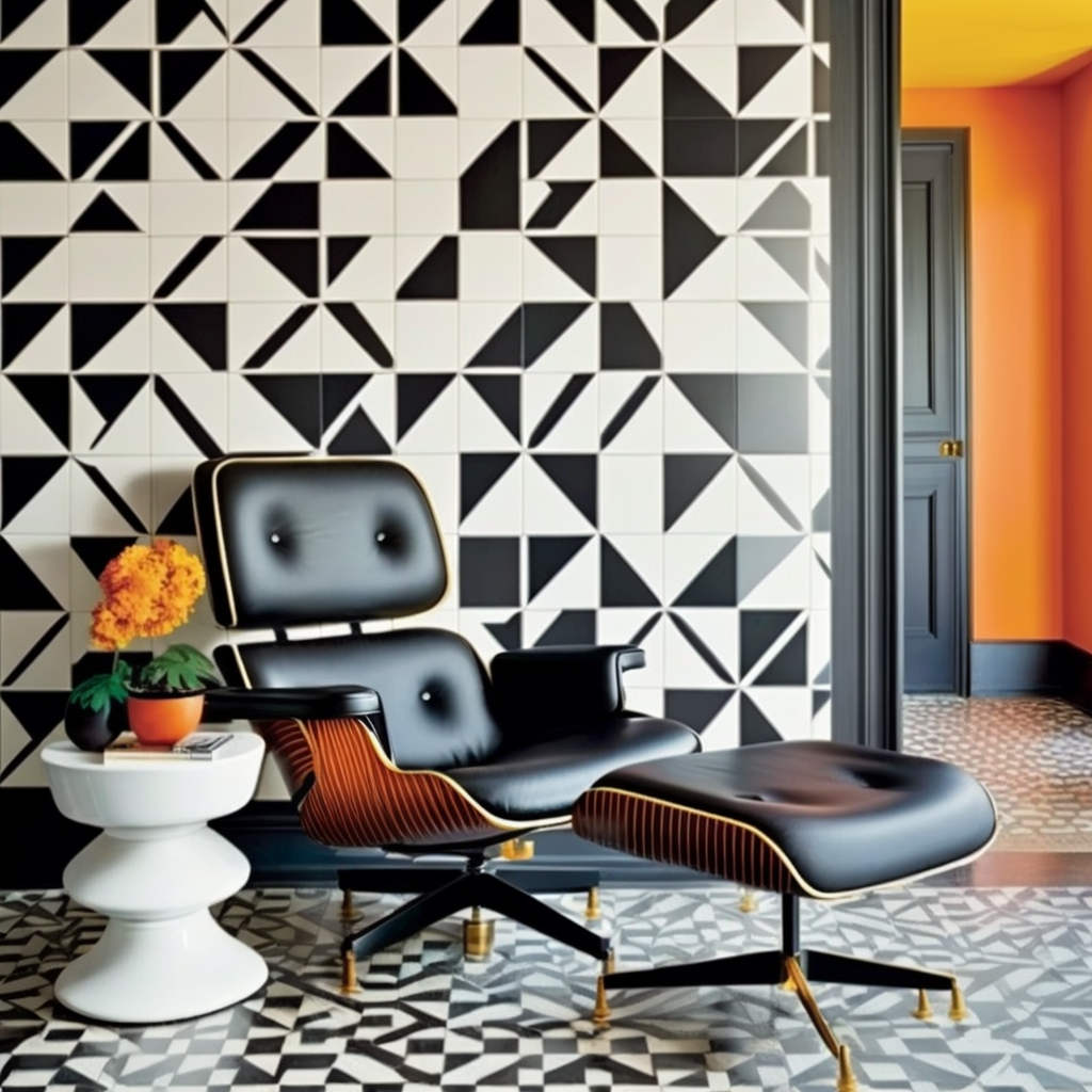 Image of eames armchair with black and white tile wallpaper