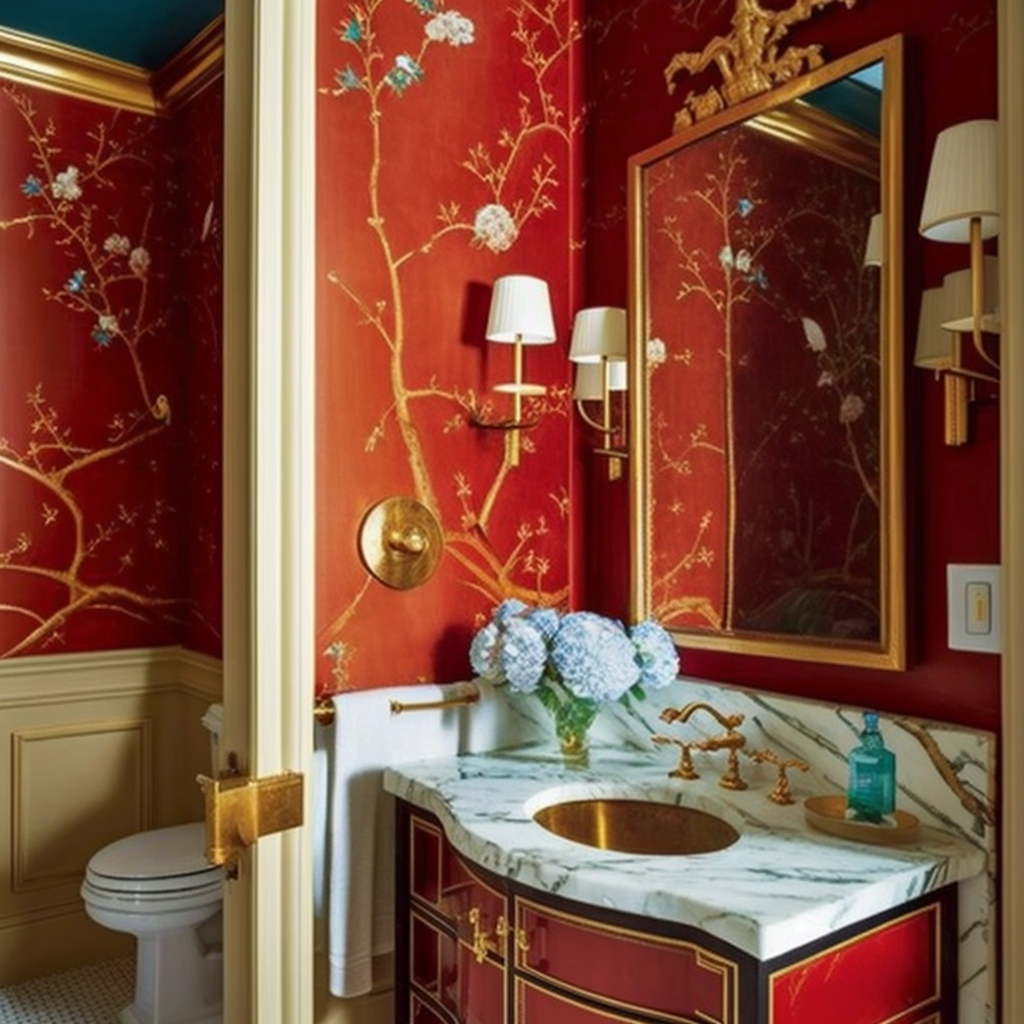 image of small bathroom with bright red chinoiserie wallpaper