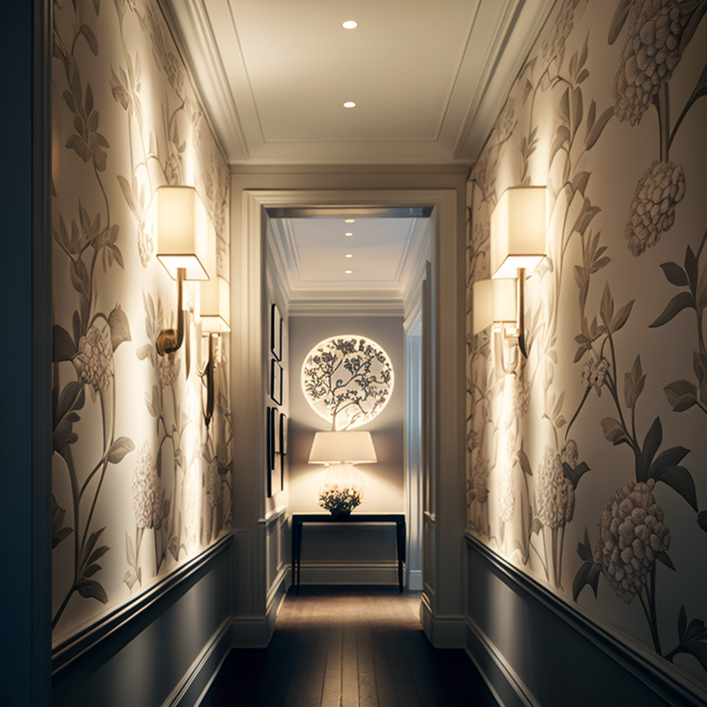 Image of neutral floral wallpaper hallway