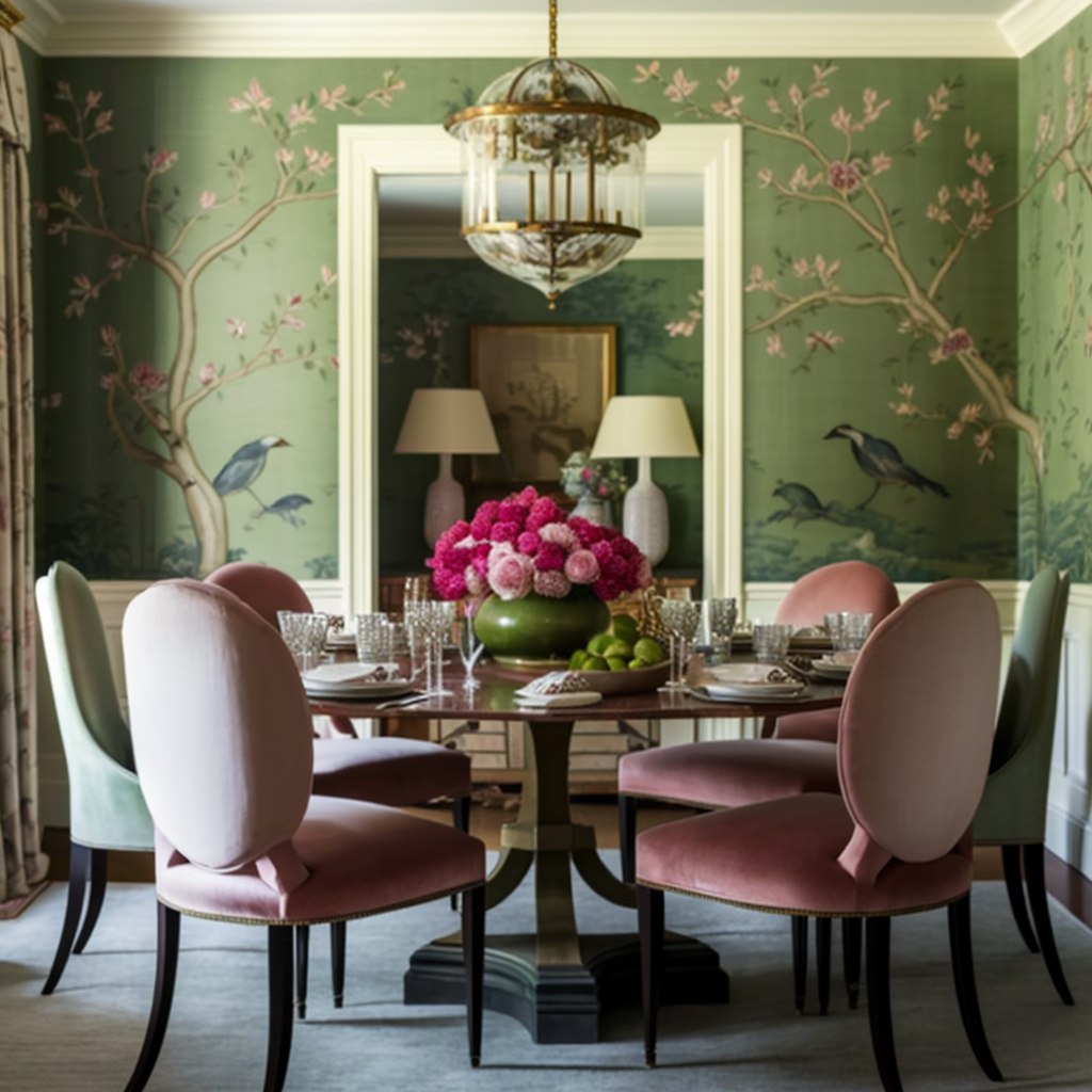 Image of green and pink chinoiserie wallpaper in dining room