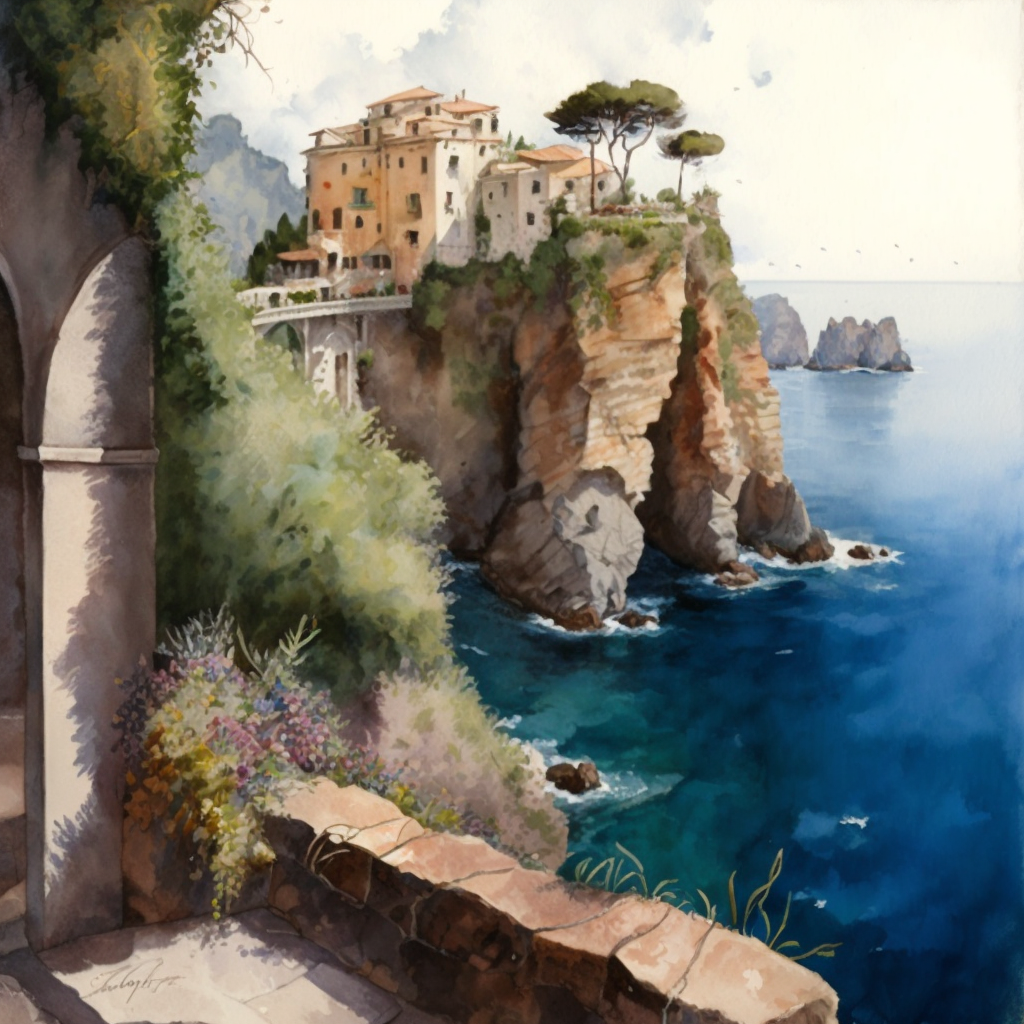 Image of watercolor painting of italian seascape vista