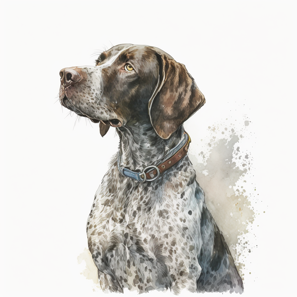 Image of watercolor painting of brown and white german shorthaired pointer dog